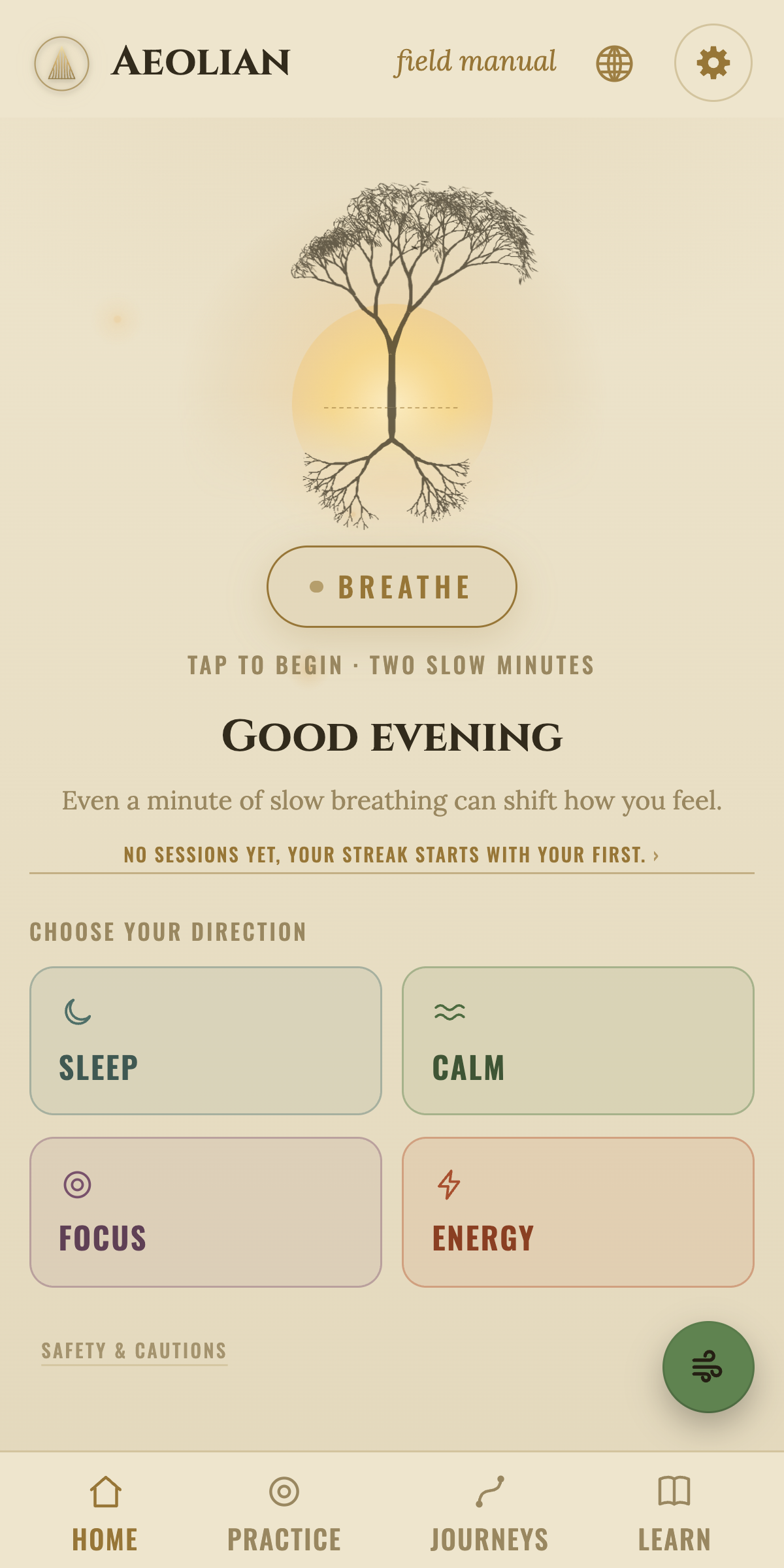 Aeolian home screen with the tree, sun, and Breathe button