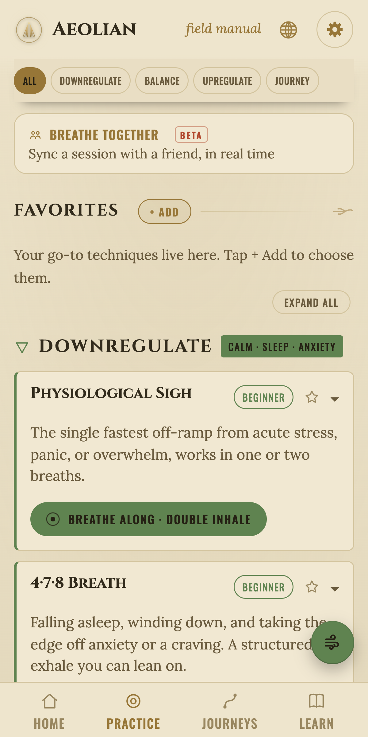 Aeolian practice screen listing breathing techniques